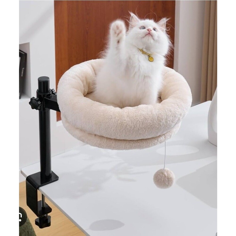 Plush Swivel Cat Desk Bed • Space-Saving Table-Edge Perch • Hanging Pom-Pom Toy